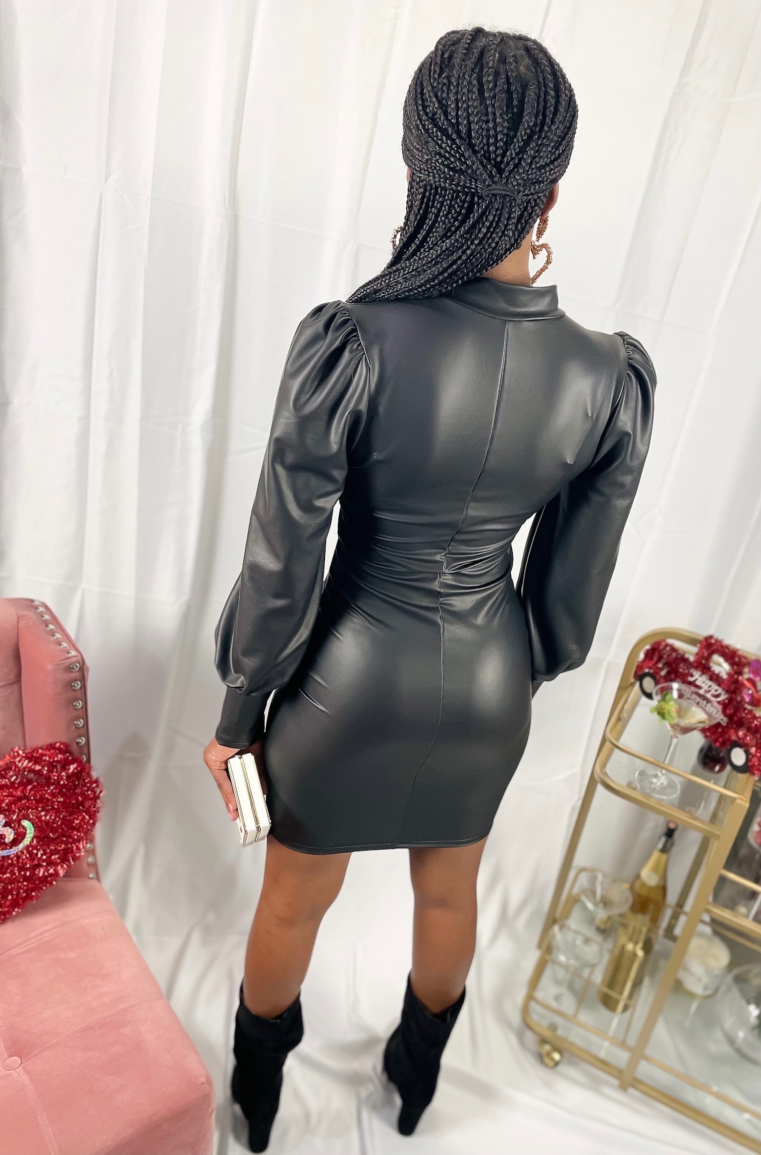 Puffed Sleeve Leather Dress